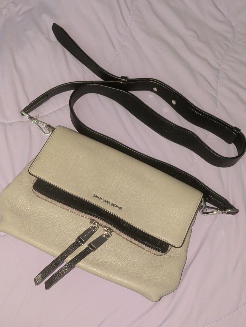 Michael Kors Cream Leather Crossbody with Black Strap